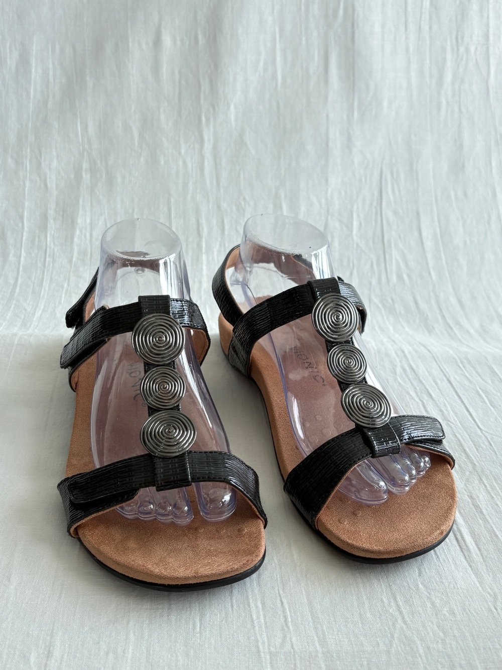Vionic Black Strappy Sandals with Silver Spiral Accents